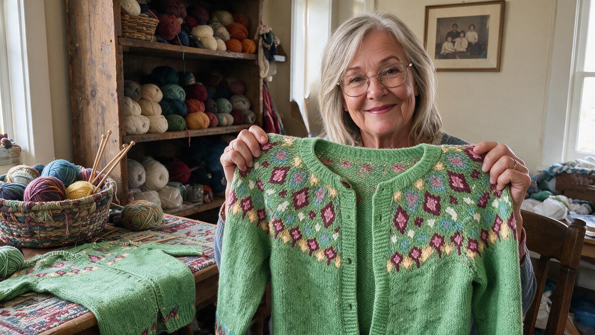 Ruby Whitlock holding up one of her hand-knitted green Icelandic cardigans in her knitting workroom