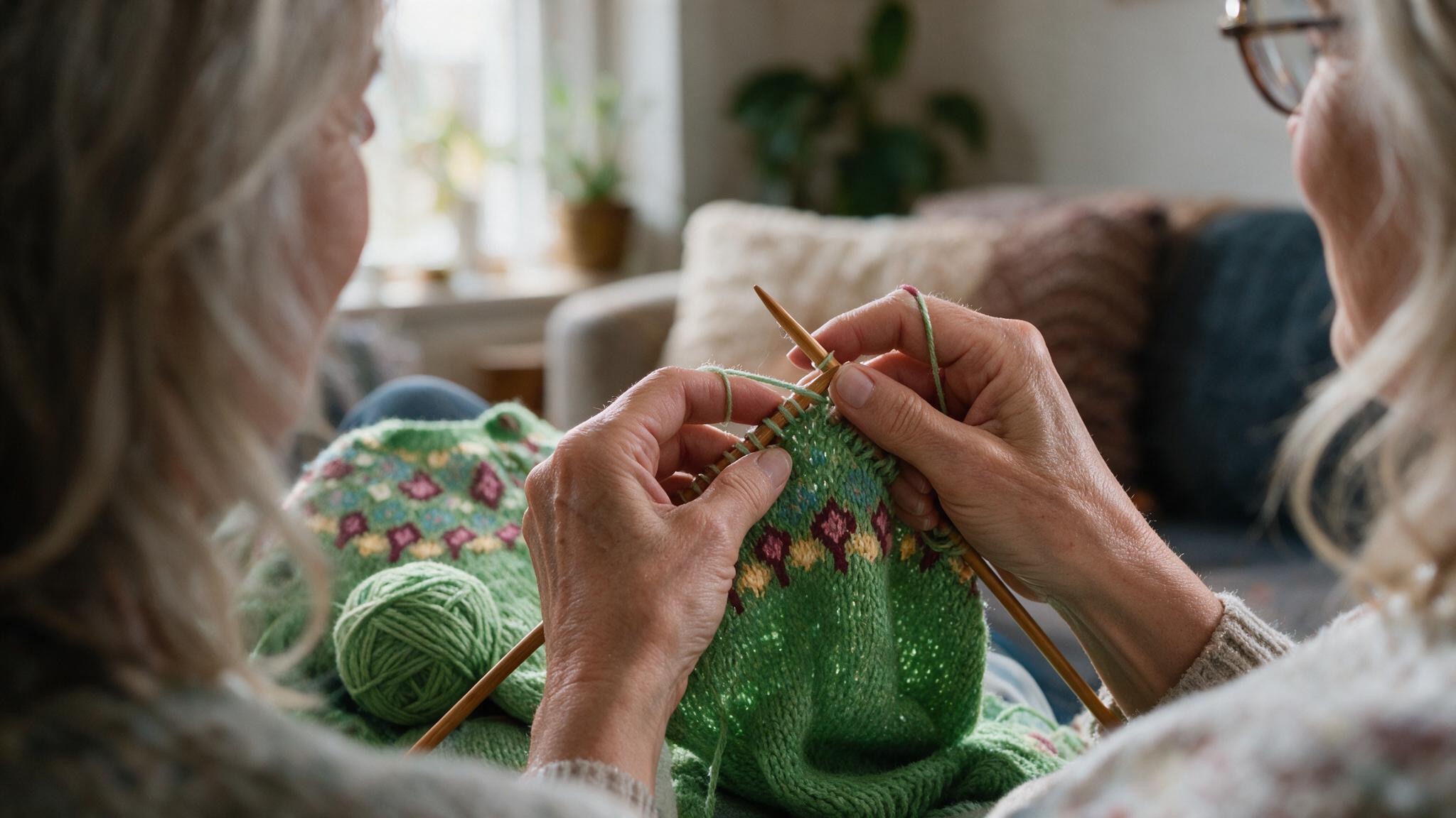 Ruby's hands mid-stitch, knitting the colourful Icelandic yoke of a green cardigan