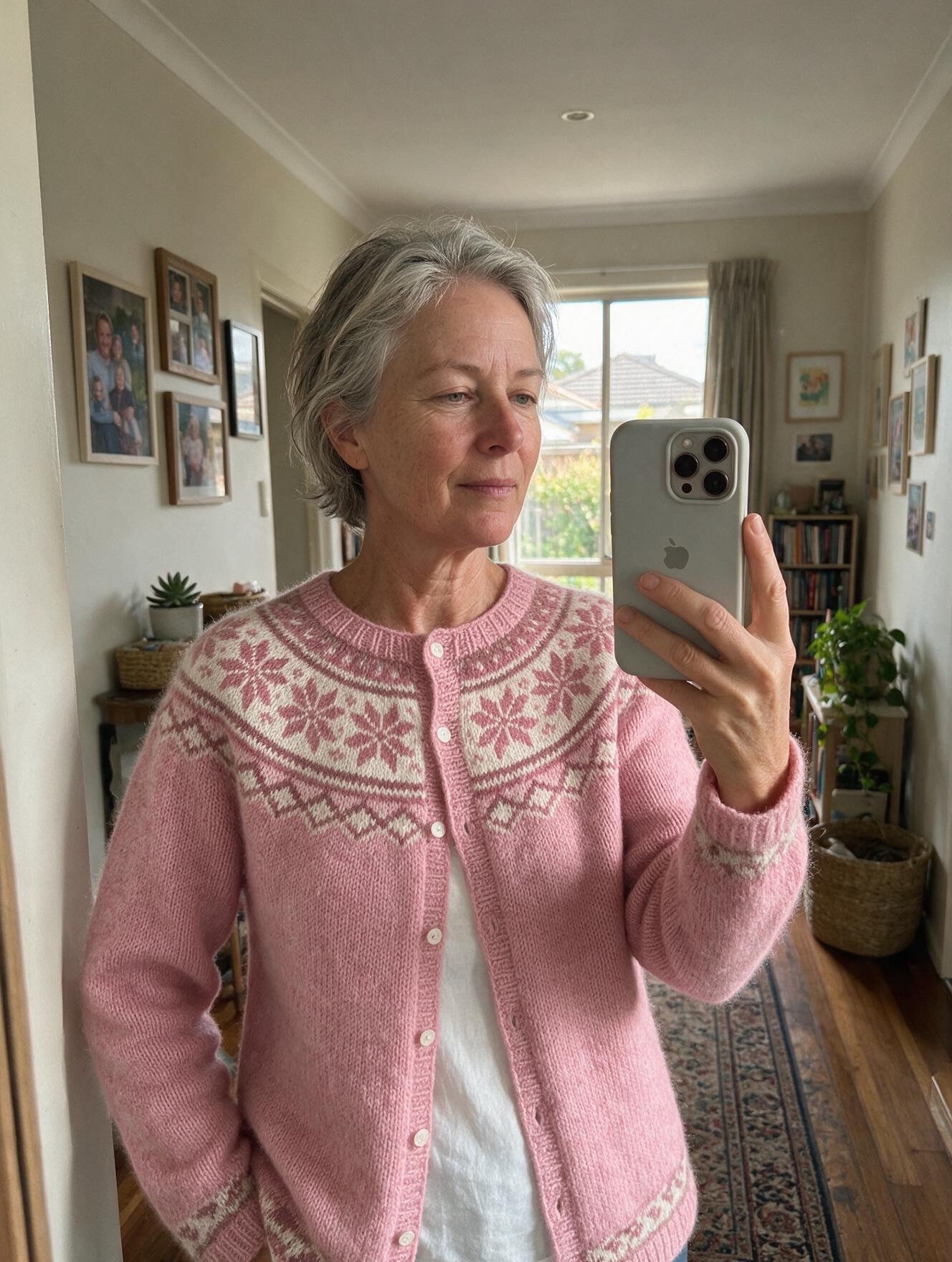 Customer wearing her Icelandic cardigan, mirror selfie