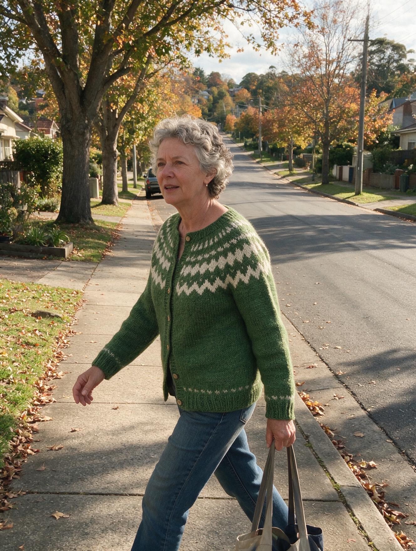 Customer wearing her Icelandic cardigan out on the street