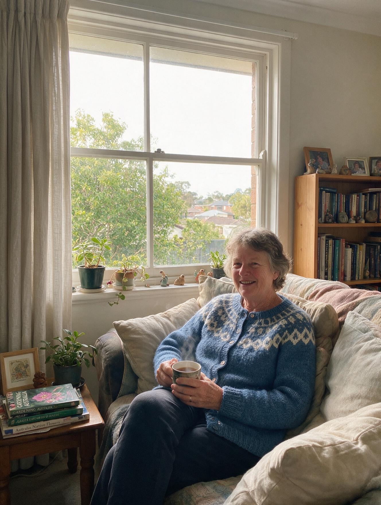 Customer relaxing at home in her Icelandic cardigan