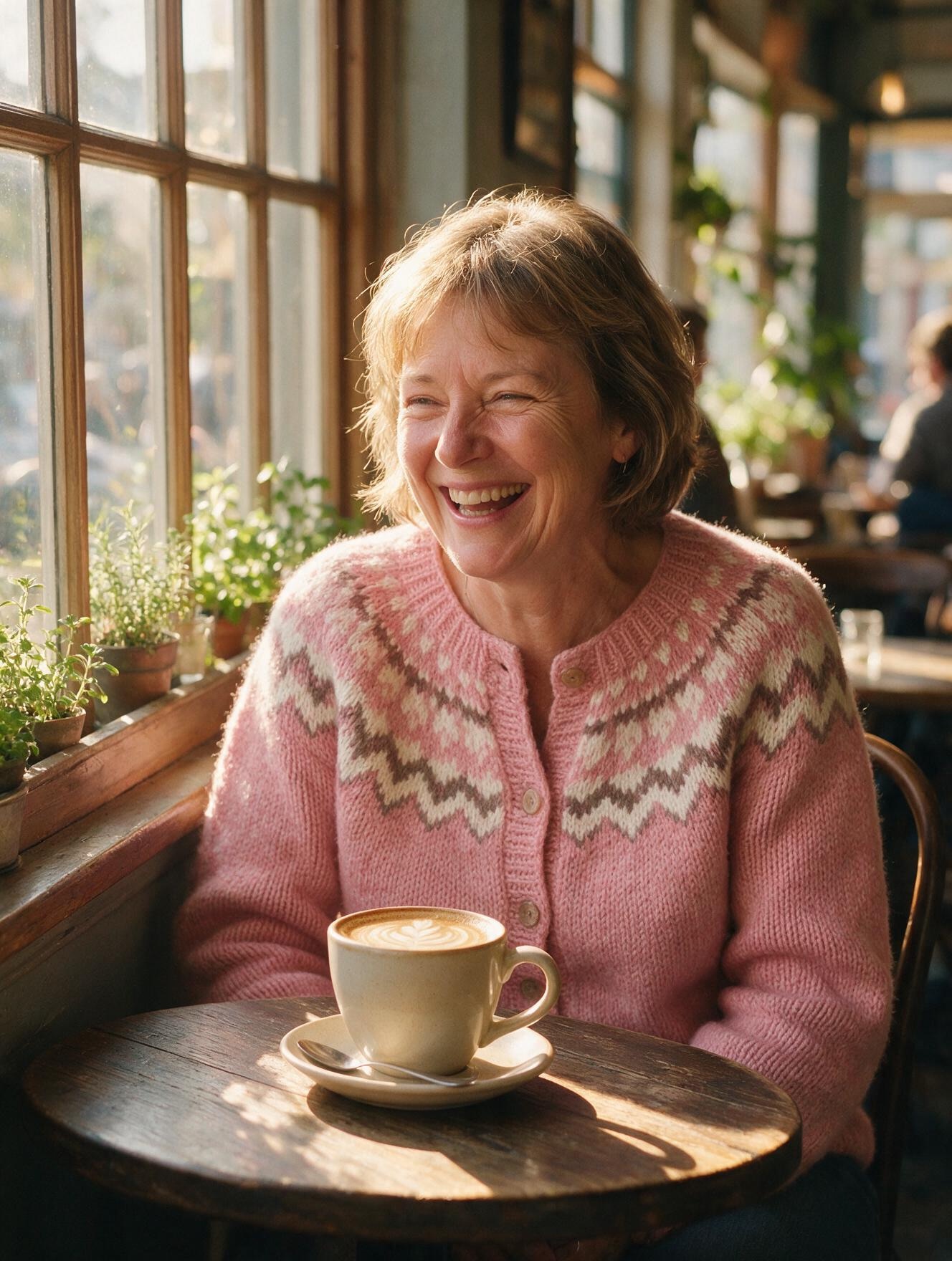 Customer in her Icelandic cardigan at a cafe
