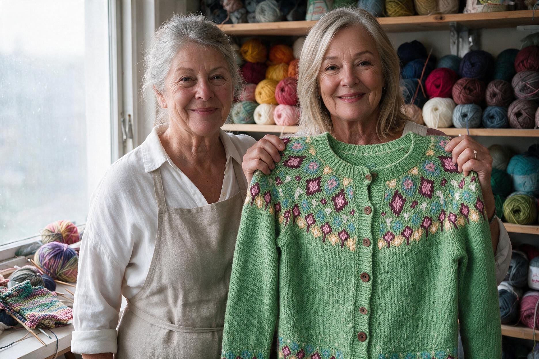 Ruby and Jarah holding one of the hand-knitted Icelandic cardigans in the workroom
